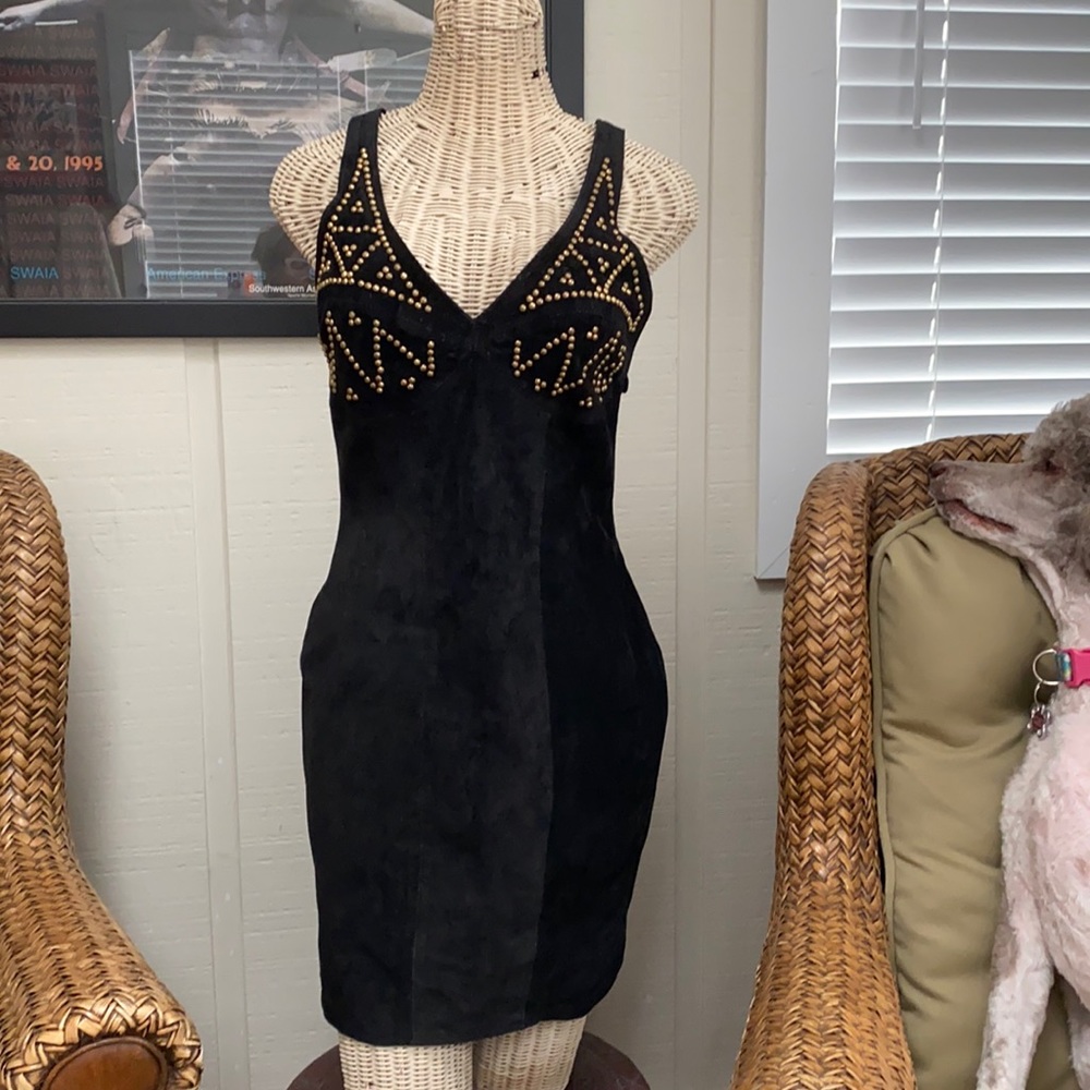 Stunning suede halter dress gold stud embellished